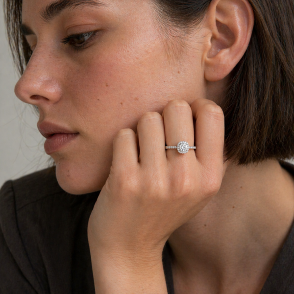 Classic Cusion Halo Round Diamond Ring with 14k White Gold