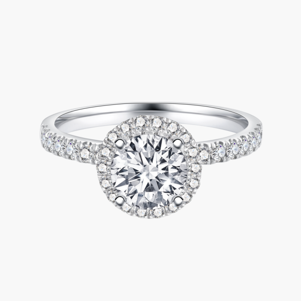 圆钻围镶R123031 Classic Pavé Halo Round Diamond Ring with 14k White Gold