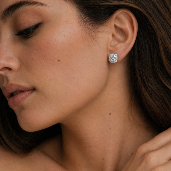 Cushion Halo Earring Studs In 14K White Gold