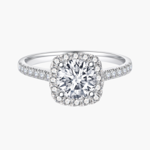 Classic Cusion Halo Round Diamond Ring with 14k White Gold