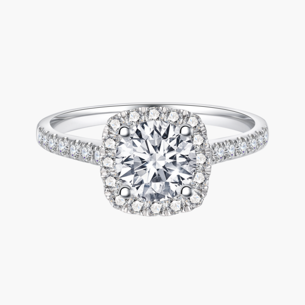 Classic Cusion Halo Round Diamond Ring with 14k White Gold