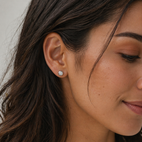 泡泡耳钉模特图1 Bezel Set Diamond Stud Earrings In 14K White Gold